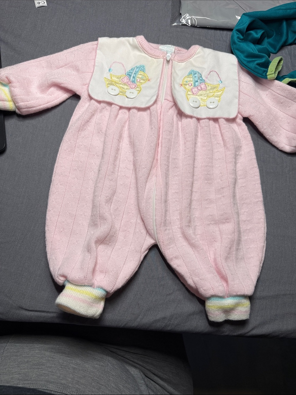 Light Pink Embroidered Bib Footed One-Piece